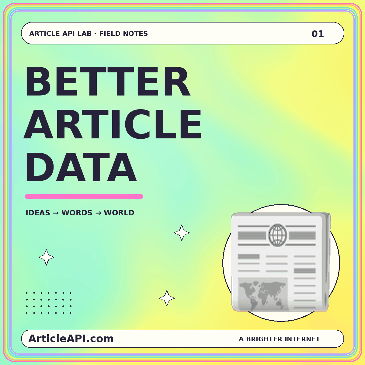 Design an article data model that survives every handoff — colorful ArticleAPI.com typography and 📰 illustration