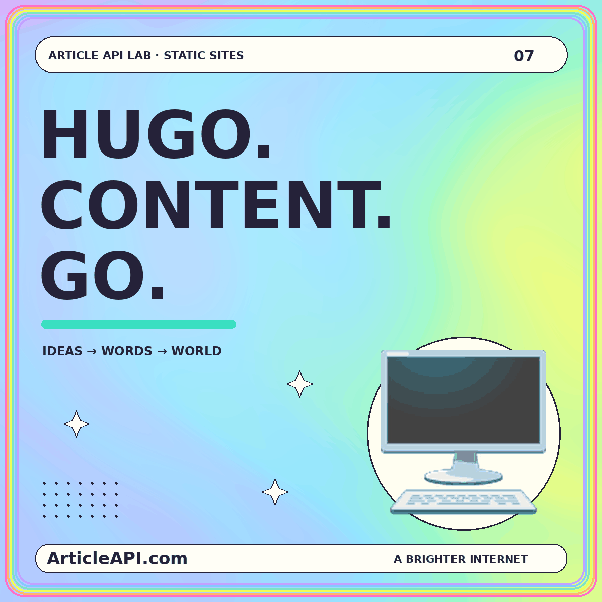 From article records to a Hugo static website — colorful ArticleAPI.com typography and 🖥️ illustration