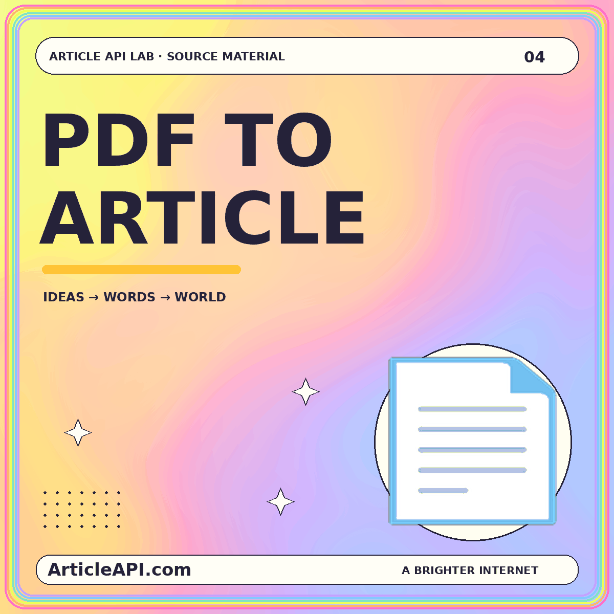 Turn a PDF into an article without losing the evidence — colorful ArticleAPI.com typography and 📄 illustration